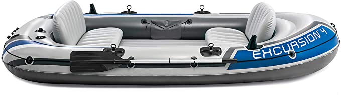 Intex Excursion 4, 4-Person Inflatable Boat Set with Aluminum Oars and High Output Air Pump - Perfect for Lakes, Rivers and the Sea